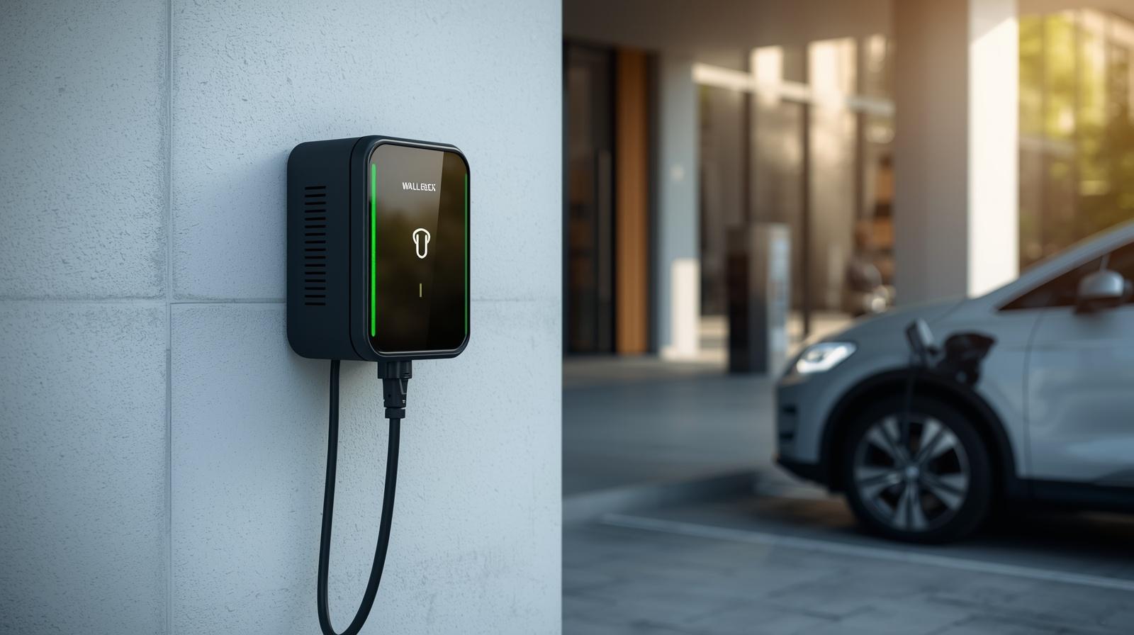 Wallbox an einer Hauswand mit Elektrofahrzeug